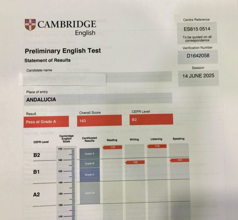 Imagen resultados alumno examen Cambridge