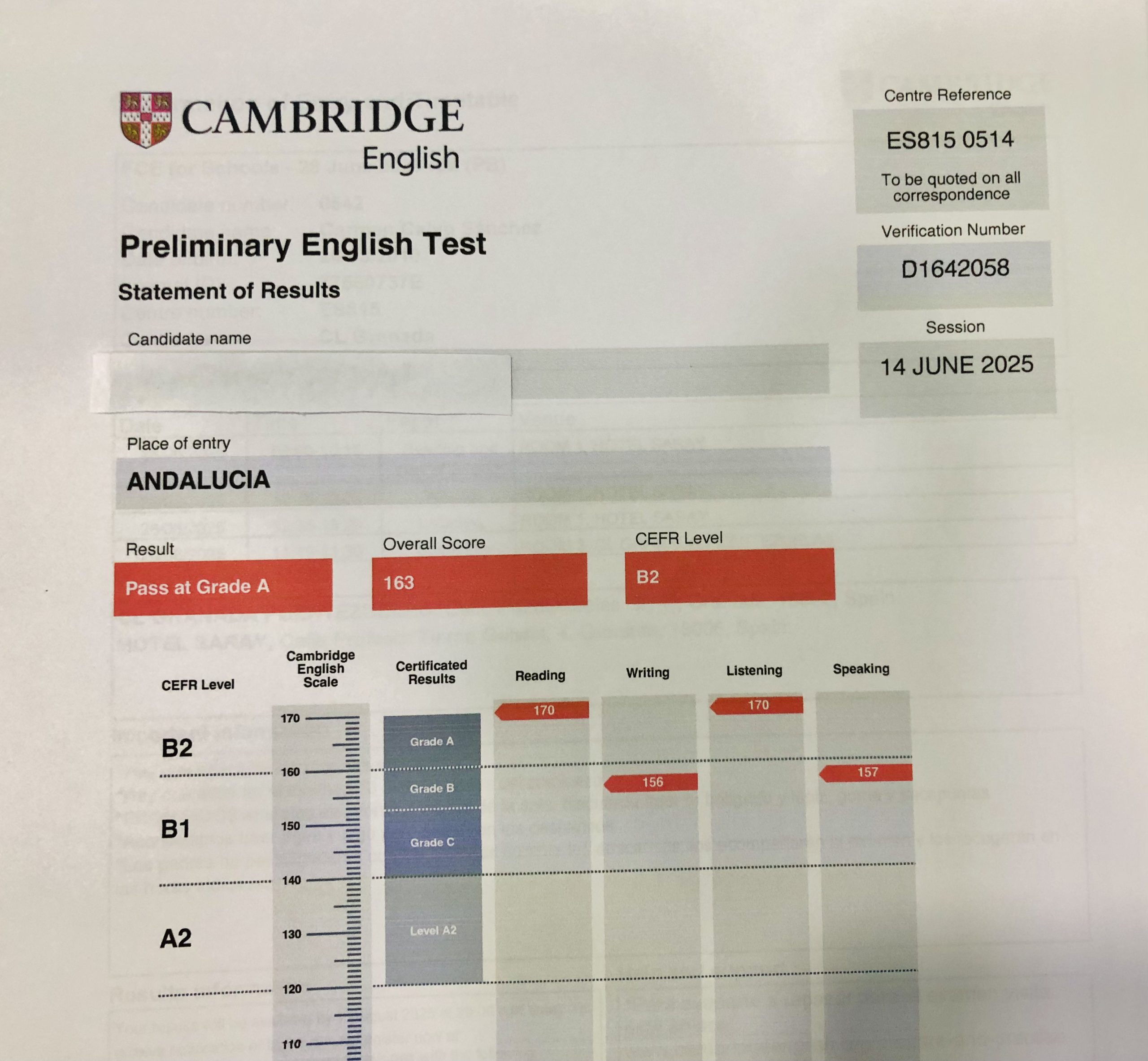 Imagen resultados alumno examen Cambridge